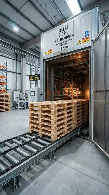 Cámara de tratamiento térmico HT cargando pallets para certificación NIMF-15